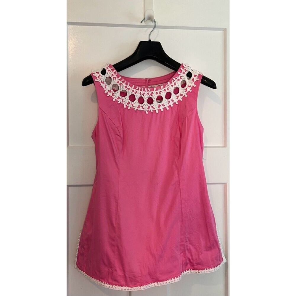 Lilly Pulitzer Womens Blouse Pink Sleeveless Side Slits Crochet Trim Size 6 Vntg